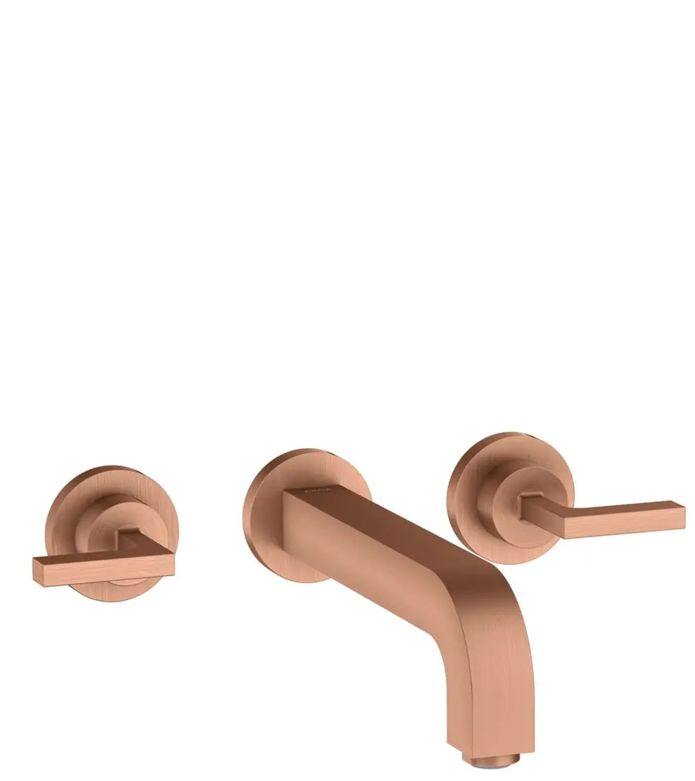 Waschtischarmatur von AXOR mit drei Elementen zur Wandmontage. Auslauf und zwei Hebelgriffe in Brushed Red Gold-Finish. Gestaltung für eine moderne Badezimmereinrichtung.